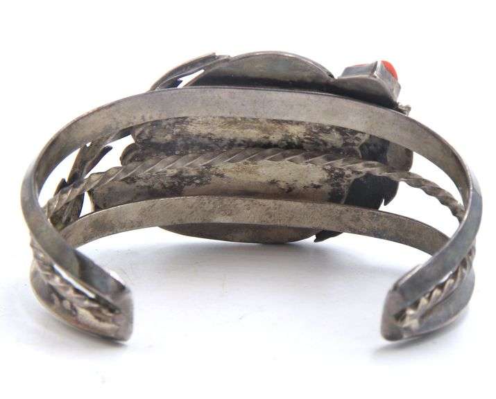 Vintage Native American Sterling Silver Turquoise and Coral Cuff Bangle Bracelet