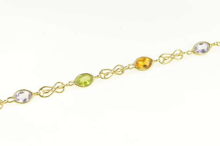 14K Yellow Gold Amethyst Citrine Topaz Peridot Chain Bracelet