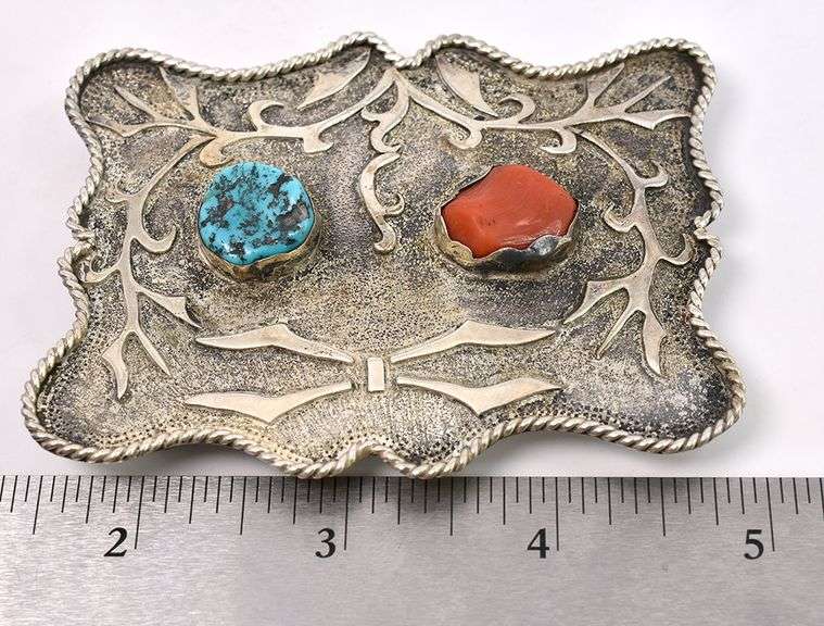 Turquoise and Coral Belt Buckle in Sterling Silver