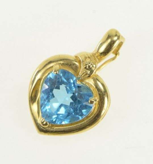 14K Yellow Gold Heart Blue Topaz Ornate Enhancer Bail Pendant