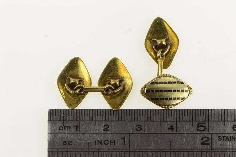 14K Yellow Gold Art Deco Black Geometric Enamel Striped Cuff Links