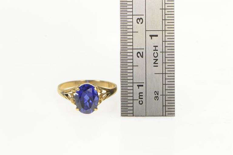 14K Yellow Gold Oval Syn. Sapphire Scroll Filigree Statement Ring