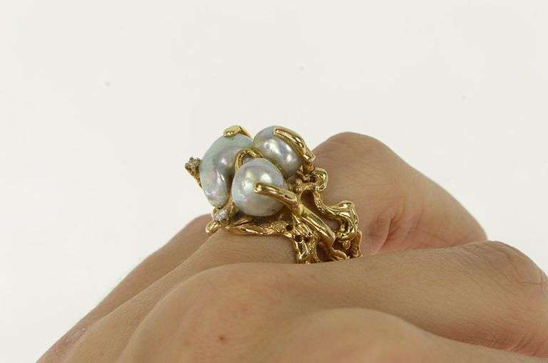 14K Yellow Gold Ornate Blue Pearl Diamond Birds Nest Cluster Ring