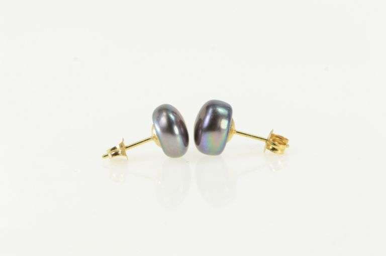 14K Yellow Gold 8.75mm Dark Blue Purple Cultured Pearl Stud Earrings
