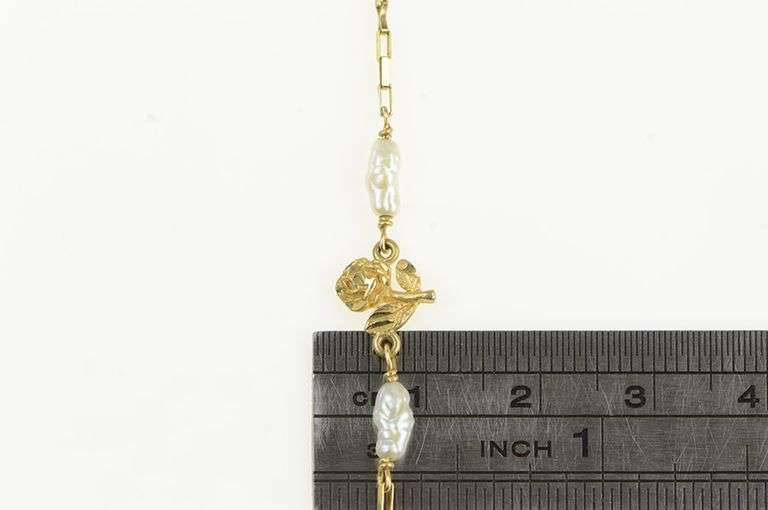 14K Yellow Gold Pearl Diamond Cut Rose Flower Chain Bracelet