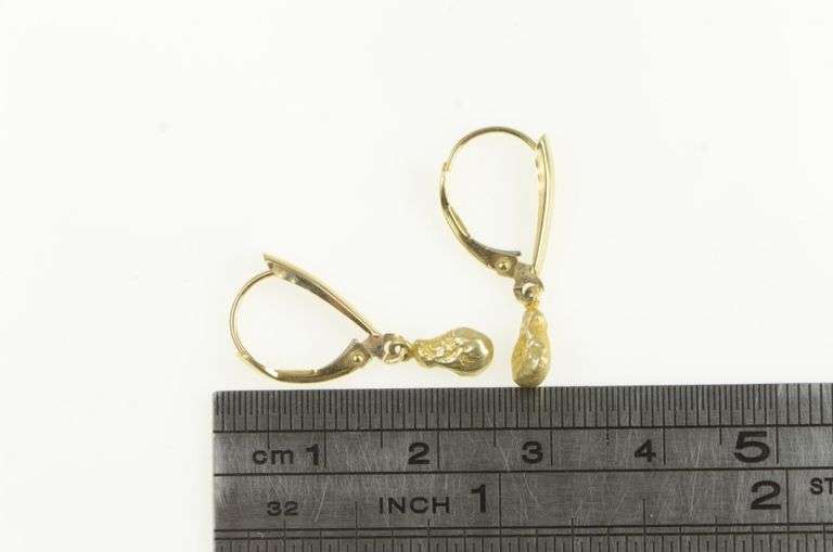 14K Yellow Gold Textured Nugget Dangle Lever Back Earrings