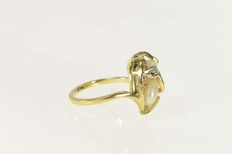 14K Yellow Gold Retro Ornate Pearl Diamond Accent Abstract Ring