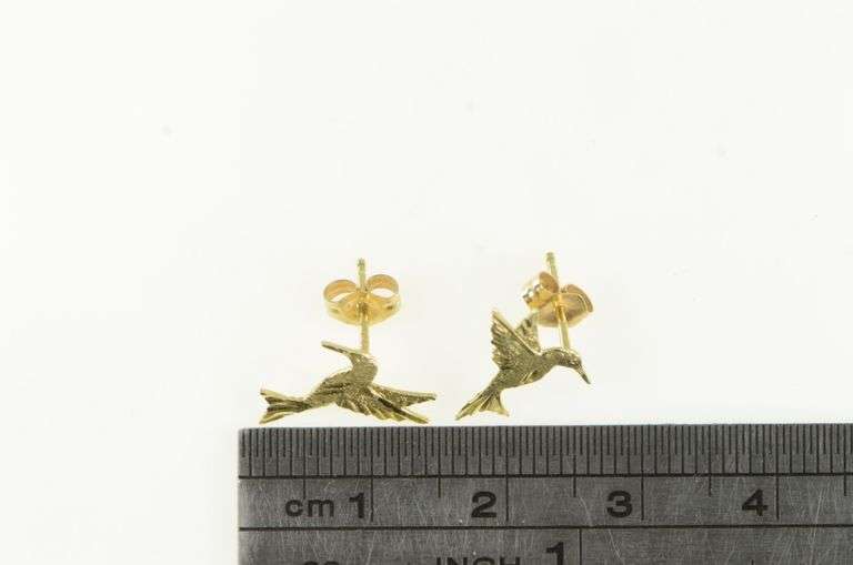 14K Yellow Gold Diamond Cut Hummingbird Stud Earrings
