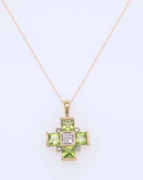 Gorgeous Yellow Gold Peridot and Diamond Cross Pendant on Chain