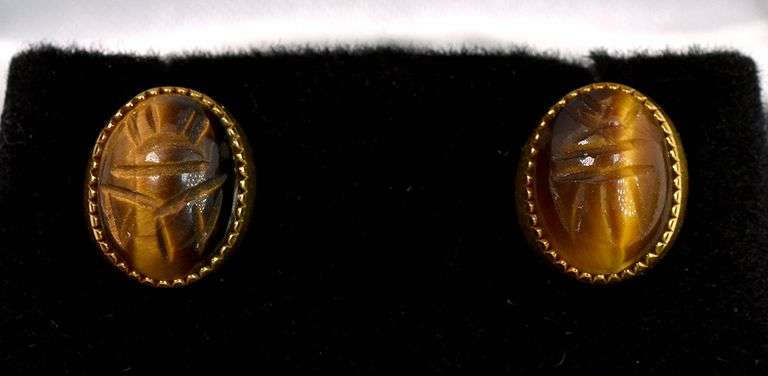 Vintage Tigers Eye Scarab Stud Earrings in 14K Yellow Gold