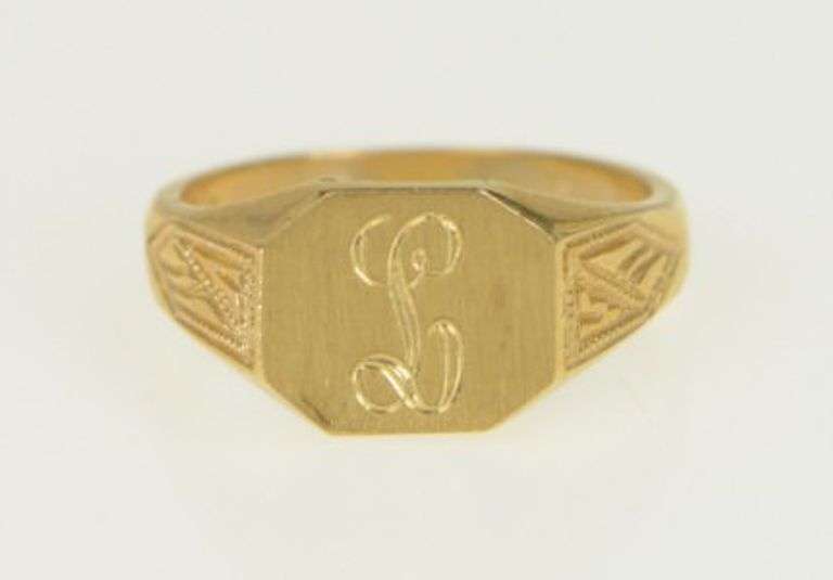 14K Yellow Gold L Cursive Letter Initial Monogram Ornate Ring