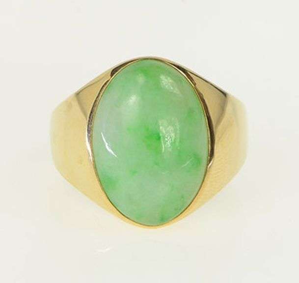 14K Yellow Gold Oval Jadeite Cabochon Vintage Statement Ring