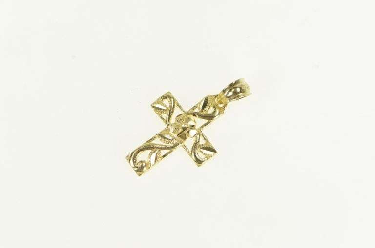 10K Yellow Gold Cross Floral Scroll Vine Design Faith Symbol Pendant