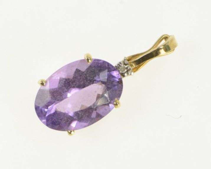 14K Yellow Gold Oval Amethyst Diamond Accent Vintage Pendant