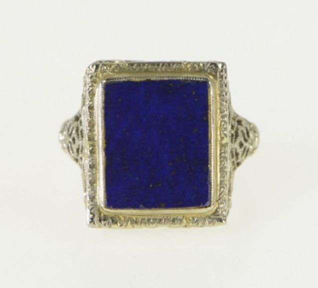 18K White Gold Art Deco Lapis Lazuli Filigree Squared Ring