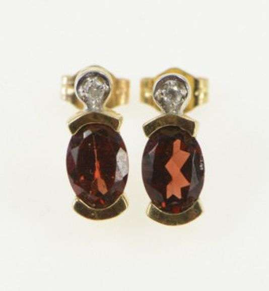 10K Yellow Gold Oval Garnet Diamond Accent Vintage Stud Earrings