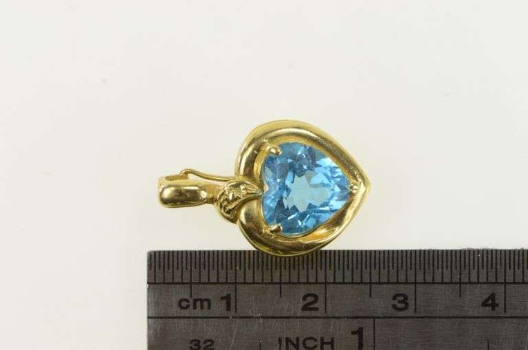 14K Yellow Gold Heart Blue Topaz Ornate Enhancer Bail Pendant