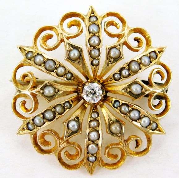 Antique 9CT Gold Diamond & Seed Pearls Pin/Pendant