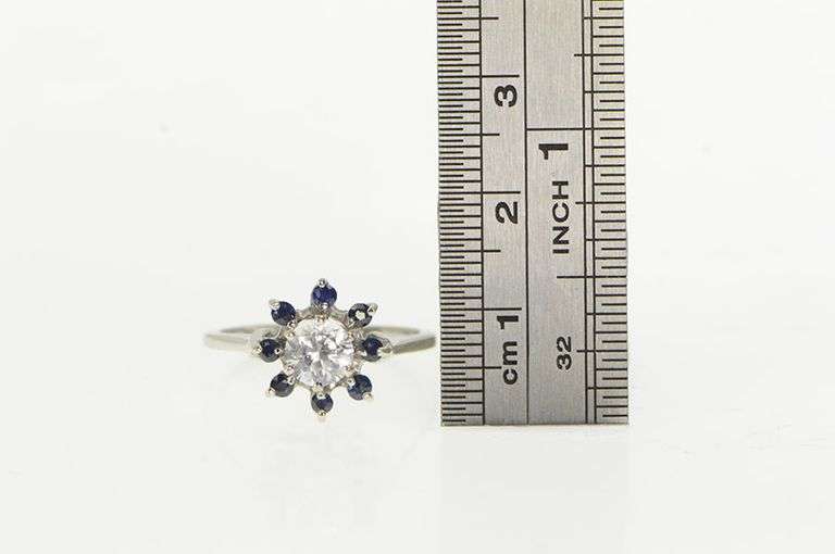 14K White Gold 1950's White & Blue Sapphire Engagement Ring