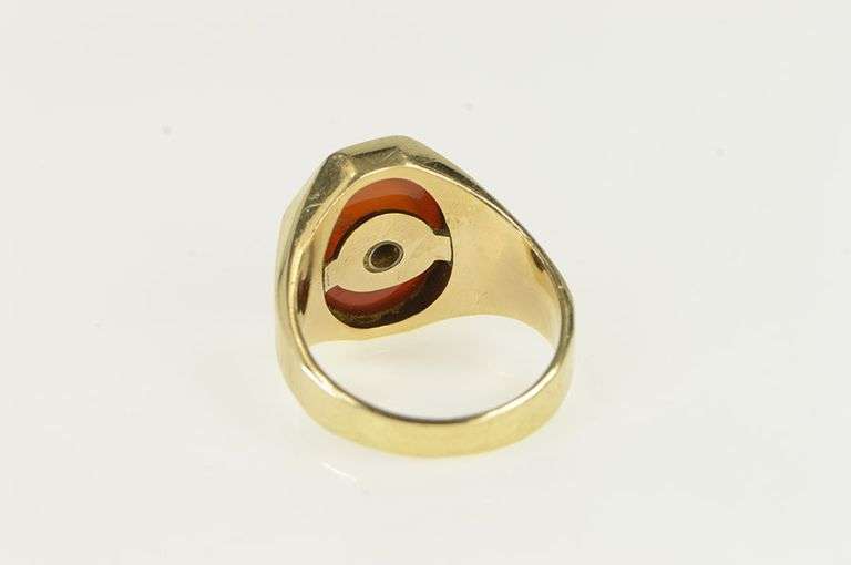 14K Yellow Gold Oval Carved Carnelian Diamond Vintage Men's Ring
