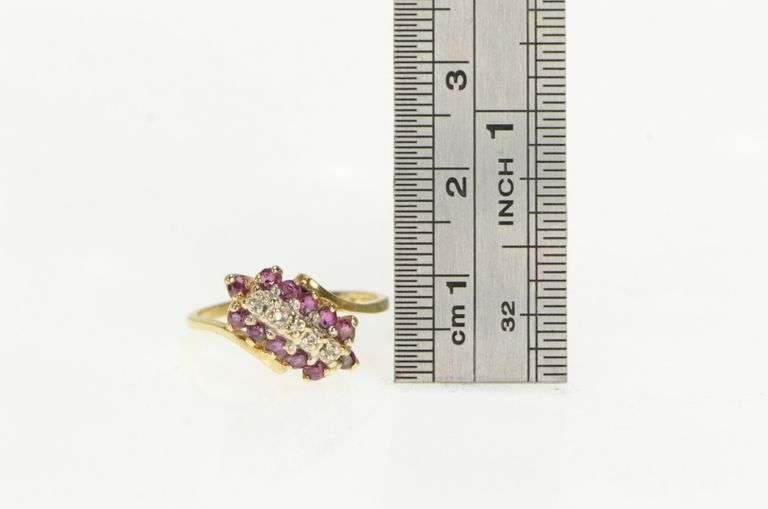 10K Yellow Gold Ruby Diamond Slanted Cluster Statement Ring