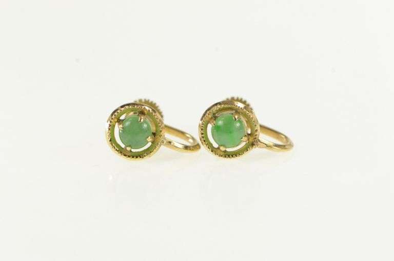 14K Yellow Gold Round Jade Cabochon Screw Back Vintage Earrings