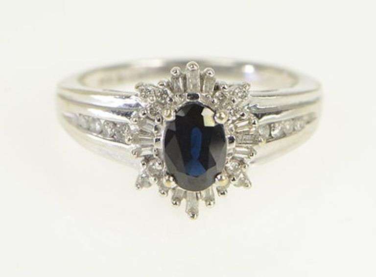 14K White Gold Natural Sapphire Diamond Halo Engagement Ring