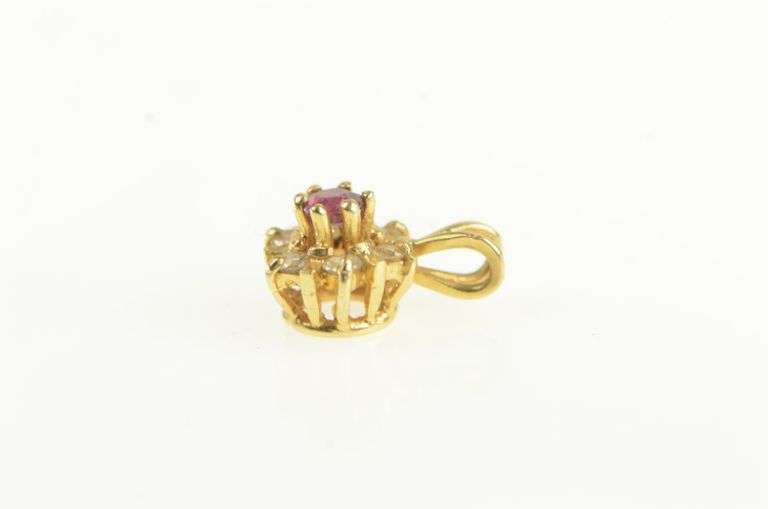 14K Yellow Gold Ruby Diamond Halo Flower Cluster Vintage Pendant