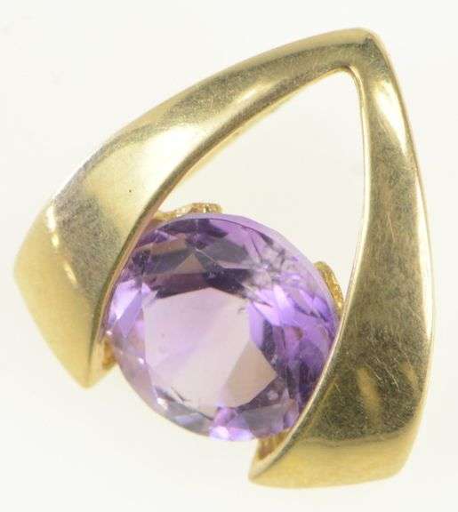 14K Yellow Gold Round Amethyst Tension Geometric Triangle Pendant