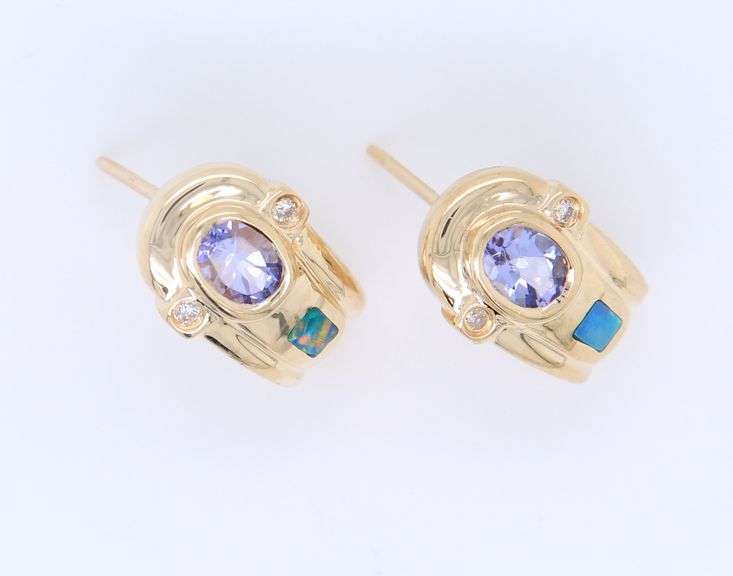 Amazing Yellow Gold Tanzanite, Diamond and Opal Inlay Earrings