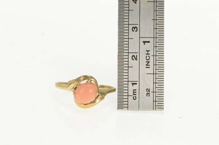 10K Yellow Gold Coral Cabochon Vintage Bypass Statement Ring