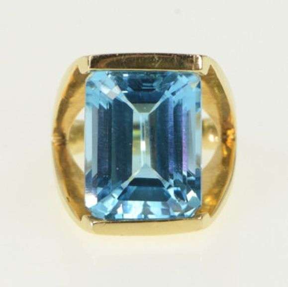 14K Yellow Gold Emerald Cut Blue Topaz Split Band Statement Ring
