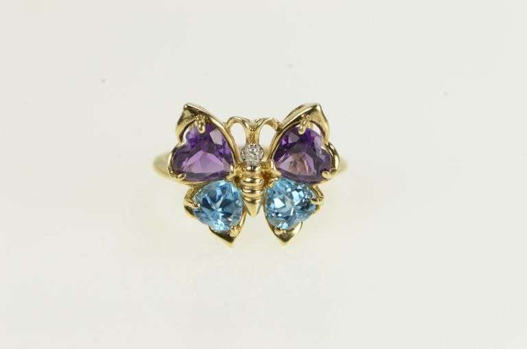 10K Yellow Gold Amethyst Blue Topaz Diamond Butterfly Heart Ring