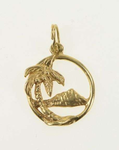 14K Yellow Gold Hawaii Tropical Palm Tree Mountain Travel Charm/Pendant