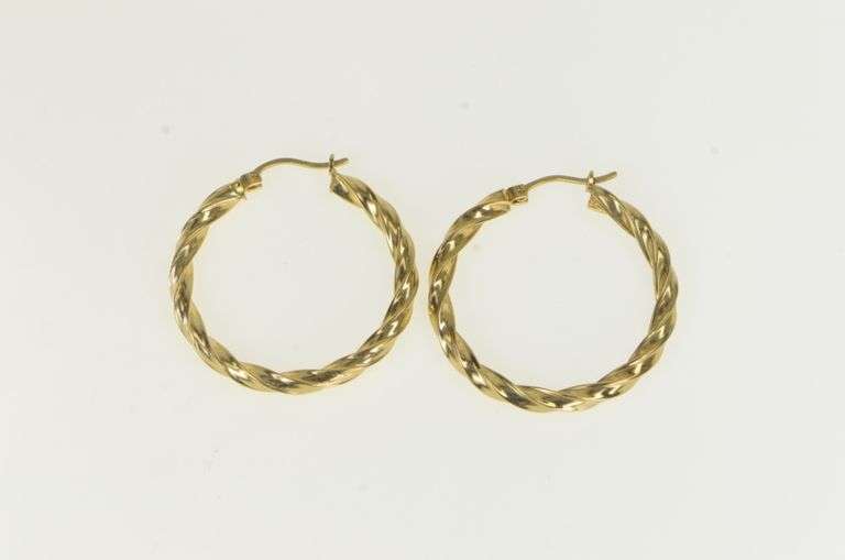 10K Yellow Gold 30.5mm Twist Design Vintage Statement Hoop Earrings
