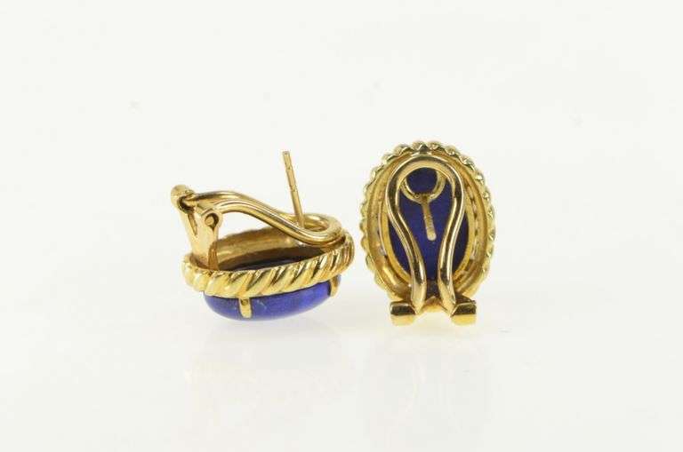 14K Yellow Gold Oval Vintage Lapis Lazuli French Clip Statement Earrings