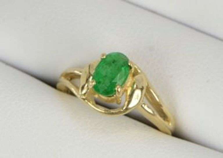 14K Yellow Gold 0.78 Ct Natural Emerald Engagement Ring