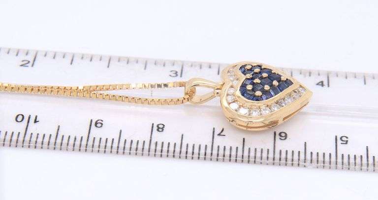 Gorgeous Yellow Gold Blue Sapphire and Diamond Heart Shaped Pendant on Chain