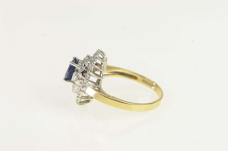 14K Yellow Gold Oval Sapphire Diamond Tiered Halo Engagement Ring