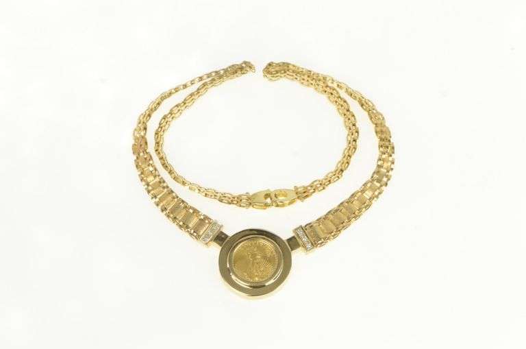 14K Yellow Gold 1995 1/10th Oz Gold Eagle Square Chain Necklace