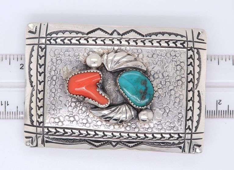 Vintage 925 Sterling Silver Signed Turquoise and Coral Belt Buckle
