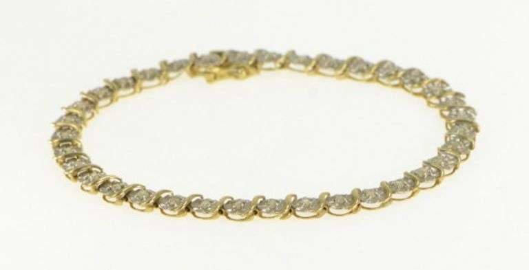 10K Yellow Gold Simple Vintage Diamond Wavy Link Tennis Bracelet