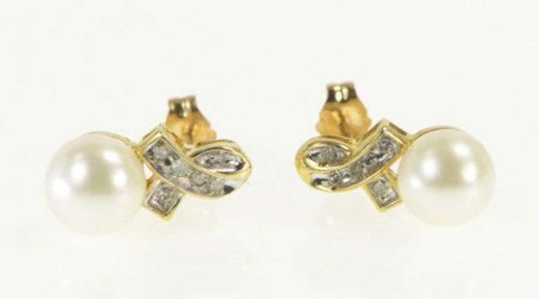10K Yellow Gold Pearl Diamond Ribbon Vintage Stud Earrings