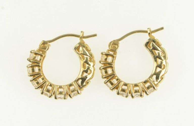 14K Yellow Gold Ornate CZ Swirl Filigree Hoop 14mm Earrings