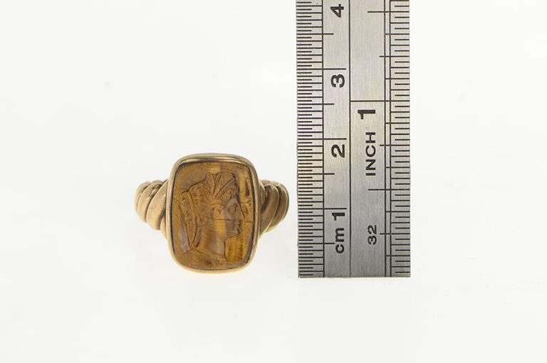 14K Yellow Gold 1890's Victorian Tiger's Eye Carved Intaglio Ring