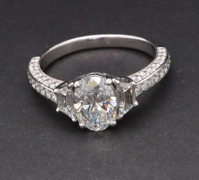 2.42ctw Oval Trapezoid and Round Diamond Three Stone Straight Engagement Ring in 18K