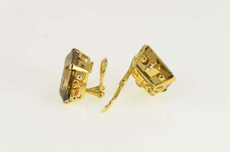 14K Yellow Gold Emerald Cut Smoky Quartz Clip Back Earrings