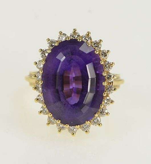 14K Yellow Gold Oval Amethyst Diamond Halo Cocktail Ring