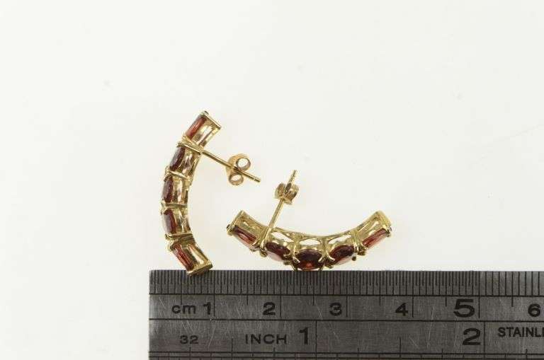 10K Yellow Gold Ornate Vintage Garnet Curved Bar Statement Earrings