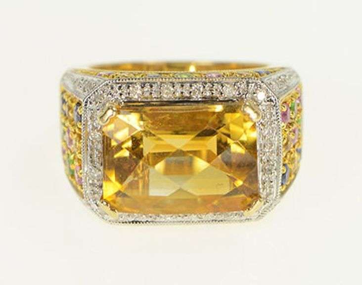 14K Yellow Gold Squared Citrine Sapphire Diamond Cocktail Ring